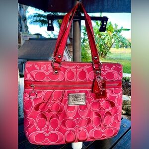 Coach Signature C Poppy Lurex Glam Canvas 15389 Ruby Red Silver Tote Bag